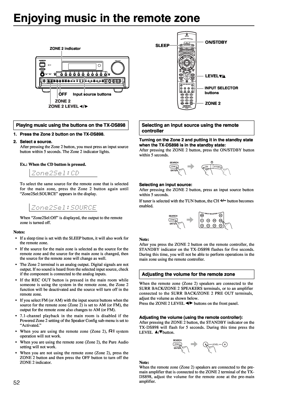 Onkyo instruction manual Enjoying music in the remote zone, Playing music using the buttons on the TX-DS898 