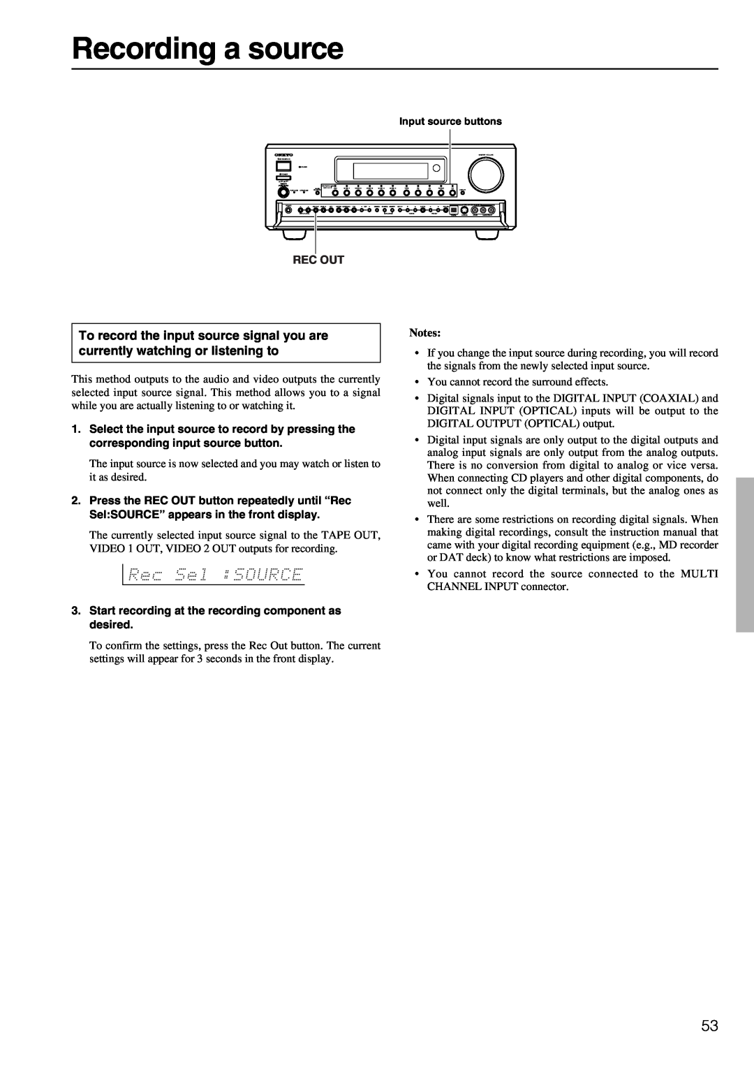 Onkyo TX-DS898 instruction manual Recording a source 