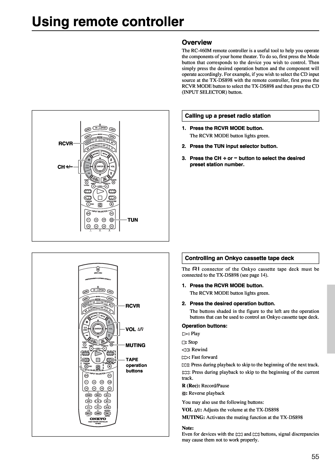 Onkyo TX-DS898 instruction manual Using remote controller, Overview, Calling up a preset radio station 