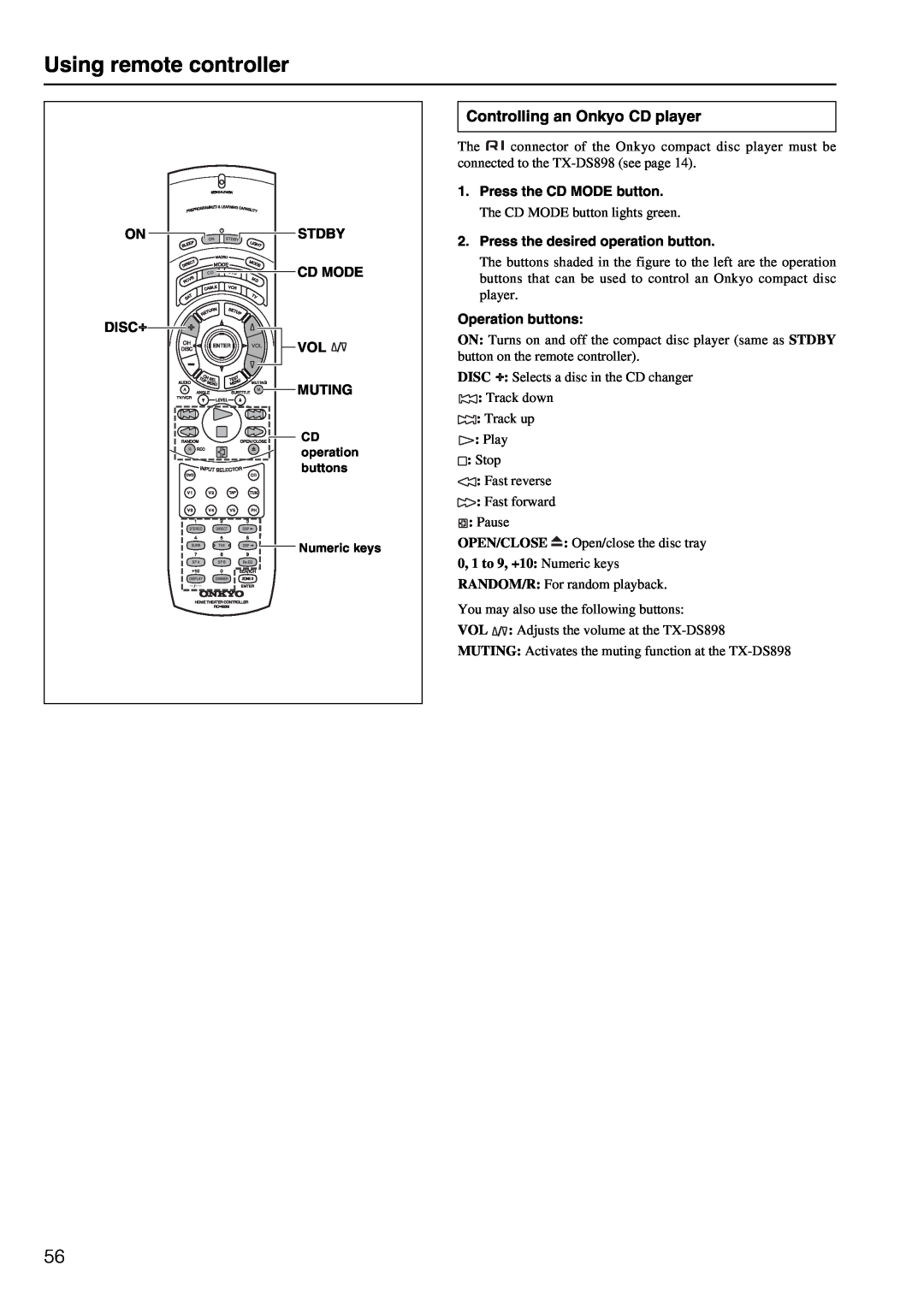 Onkyo TX-DS898 instruction manual Using remote controller, Controlling an Onkyo CD player 