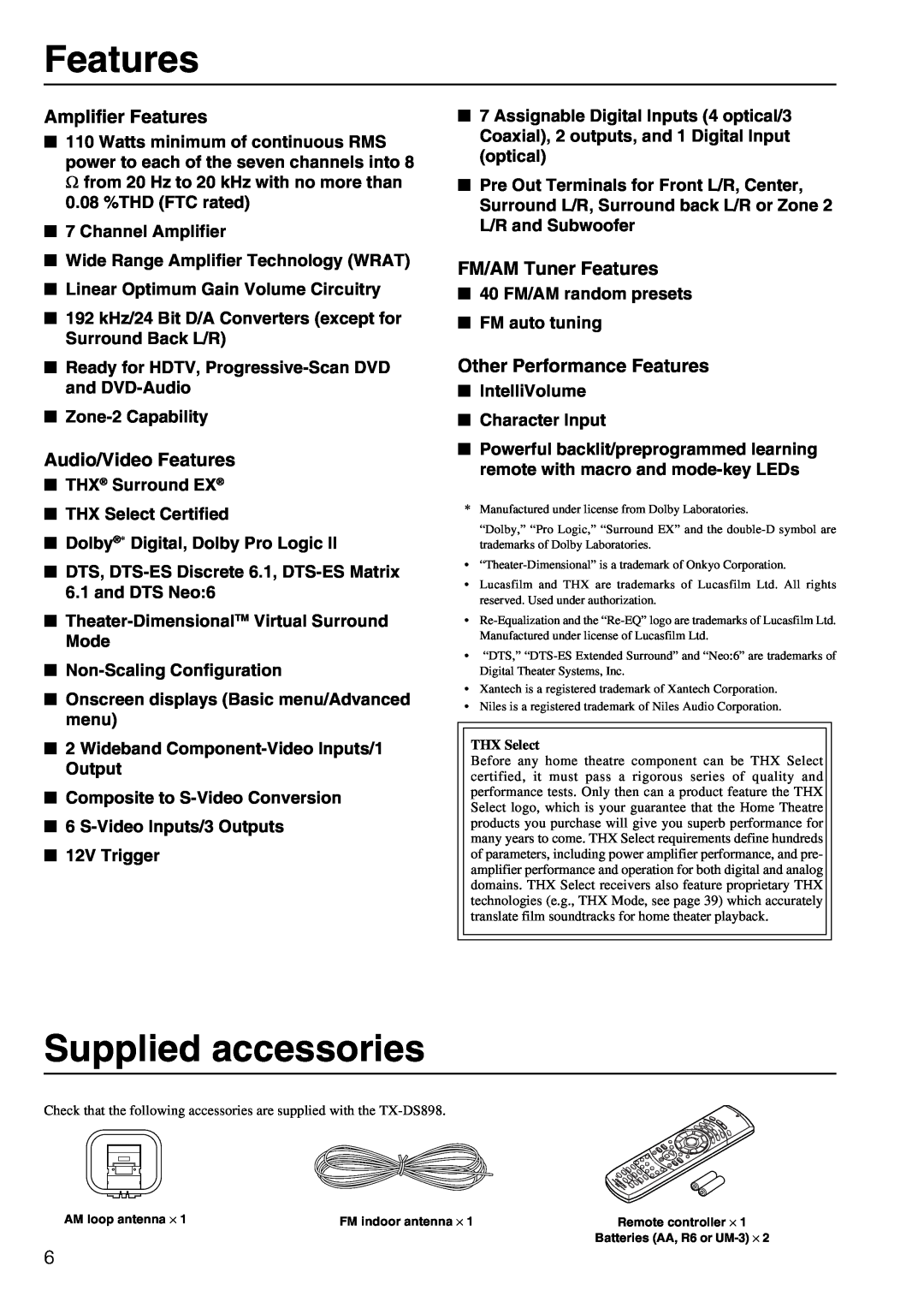 Onkyo TX-DS898 instruction manual Supplied accessories, Amplifier Features, Audio/Video Features, FM/AM Tuner Features 
