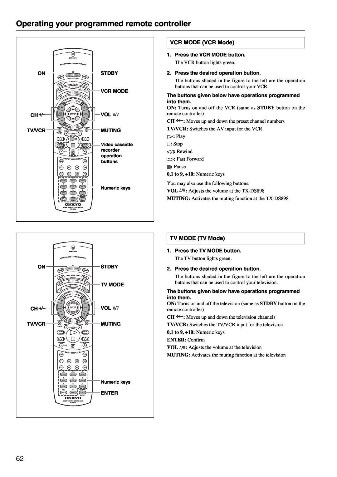 Onkyo TX-DS898 instruction manual Operating your programmed remote controller, VCR MODE VCR Mode, TV MODE TV Mode 