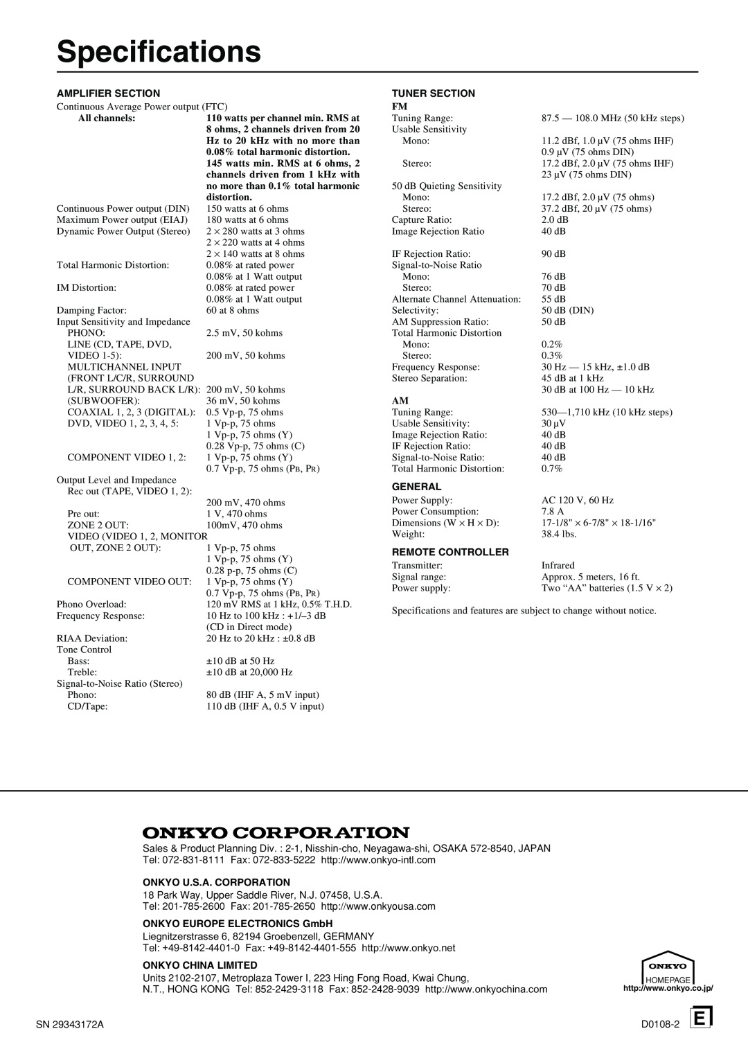 Onkyo TX-DS898 Specifications, Amplifier Section, All channels, distortion, Tuner Section, General, Remote Controller 