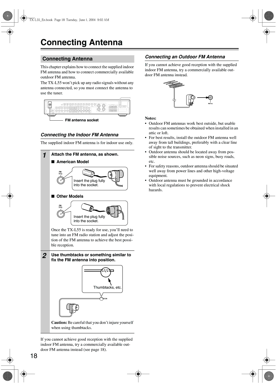 Onkyo TX-L55 Connecting Antenna, Connecting an Outdoor FM Antenna, Connecting the Indoor FM Antenna, Other Models 