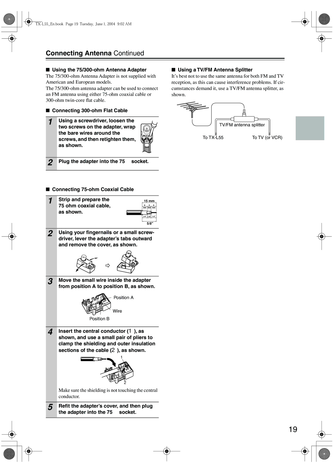 Onkyo TX-L55 instruction manual Connecting Antenna, Ohm coaxial cable, As shown Using your ﬁngernails or a small screw 