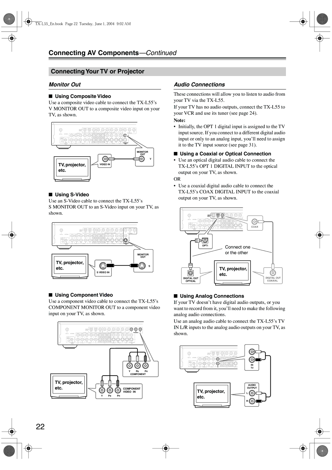 Onkyo TX-L55 instruction manual Connecting Your TV or Projector, Monitor Out, Audio Connections 