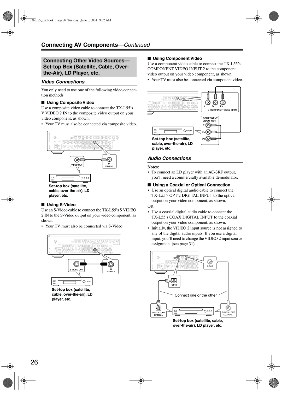 Onkyo TX-L55 instruction manual Set-top box satellite Cable, over-the-air, LD player, etc 