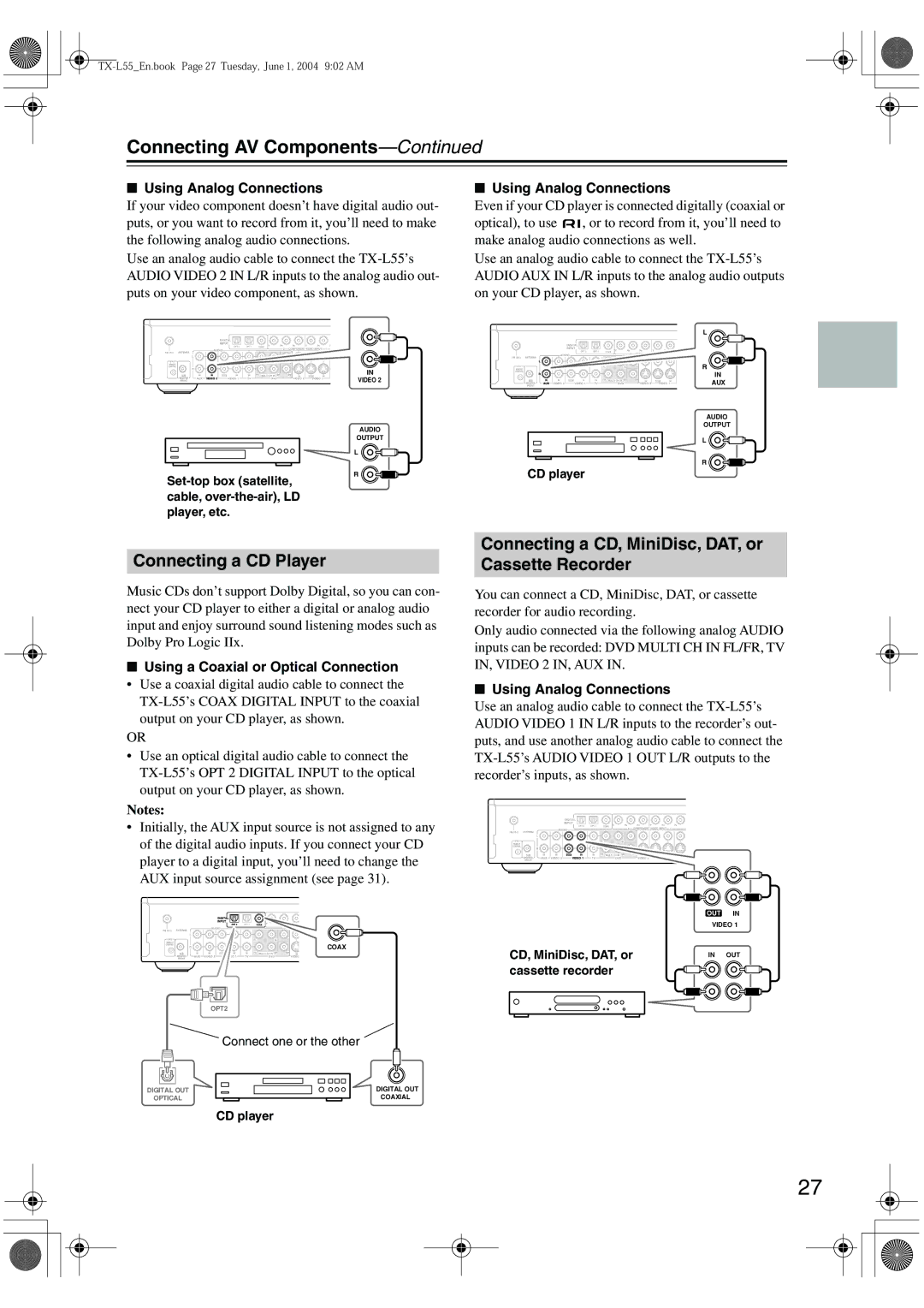 Onkyo TX-L55 instruction manual Connecting a CD Player, Connecting a CD, MiniDisc, DAT, or Cassette Recorder 