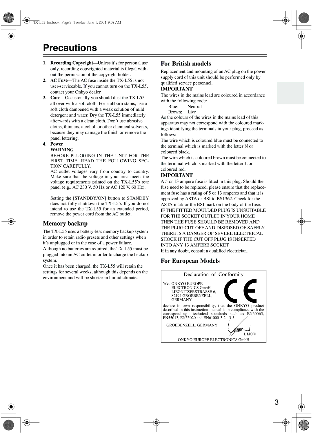 Onkyo TX-L55 instruction manual Precautions, Power, If in any doubt, consult a qualiﬁed electrician 