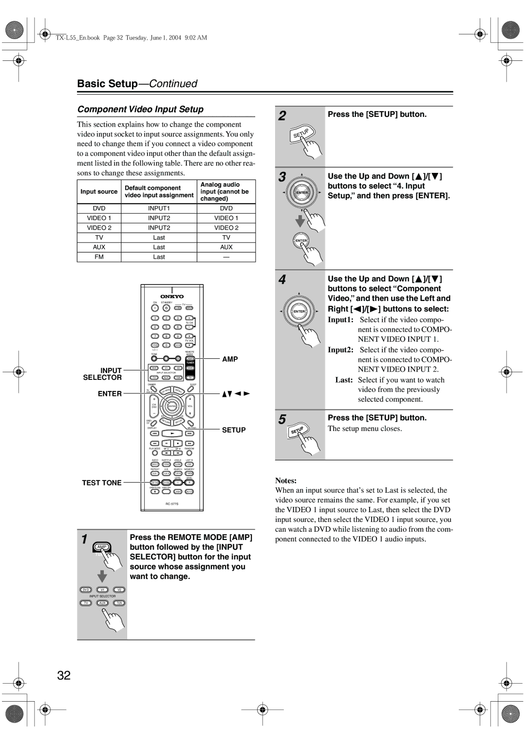 Onkyo TX-L55 instruction manual Component Video Input Setup 