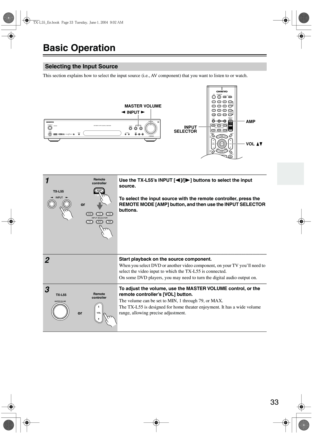 Onkyo TX-L55 instruction manual Basic Operation, Selecting the Input Source, Start playback on the source component 