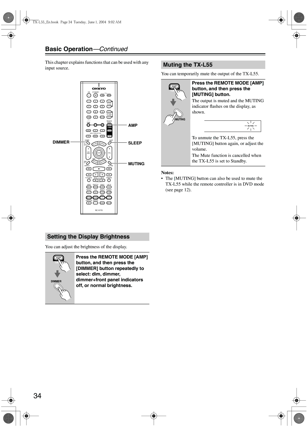 Onkyo instruction manual Basic Operation, Muting the TX-L55, Setting the Display Brightness 