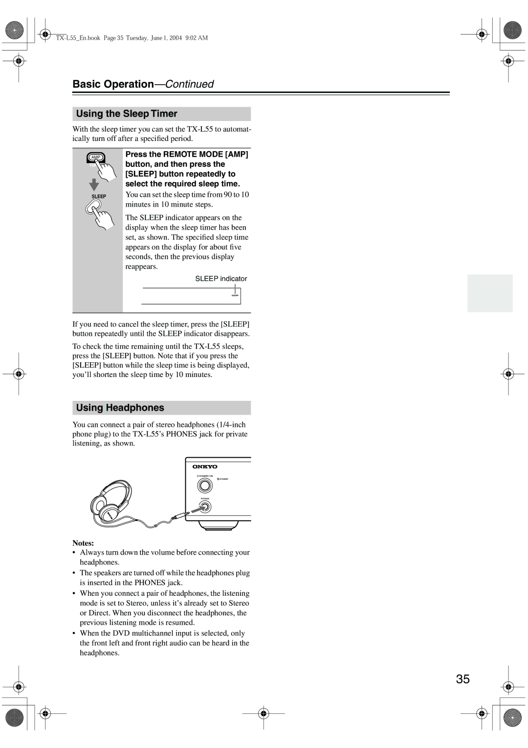 Onkyo TX-L55 instruction manual Using the Sleep Timer, Using Headphones 