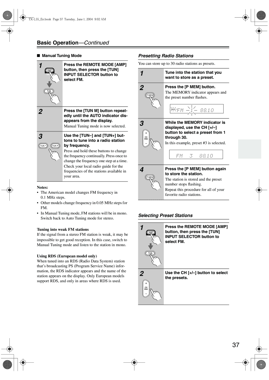 Onkyo TX-L55 instruction manual Presetting Radio Stations, Selecting Preset Stations 