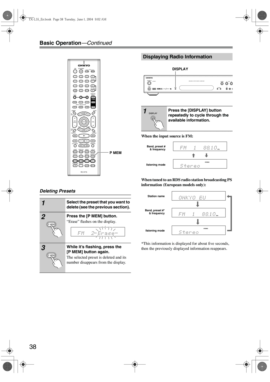 Onkyo TX-L55 instruction manual Displaying Radio Information, Deleting Presets 