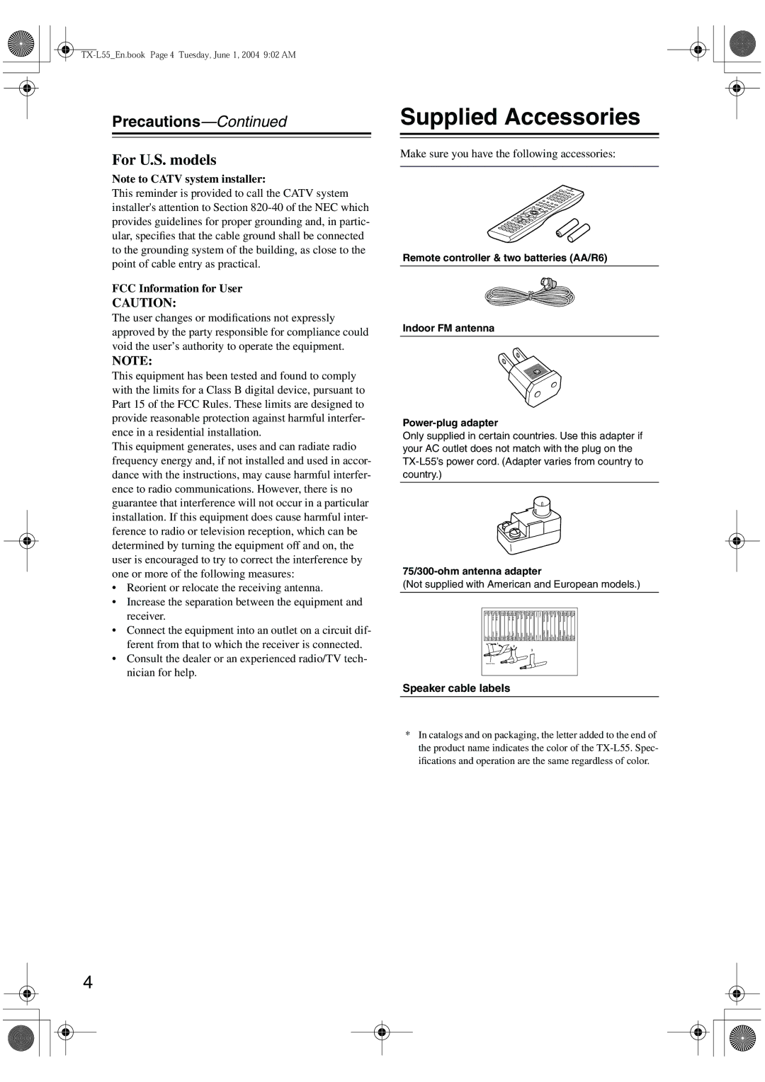 Onkyo TX-L55 Supplied Accessories, Precautions, FCC Information for User, Make sure you have the following accessories 