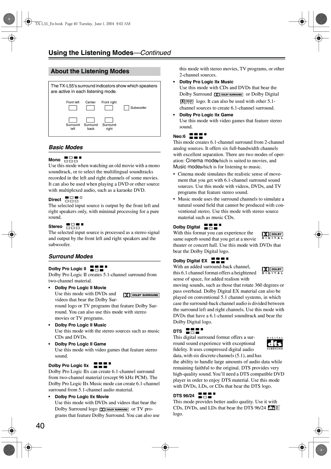 Onkyo TX-L55 instruction manual Using the Listening Modes, About the Listening Modes, Basic Modes, Surround Modes 