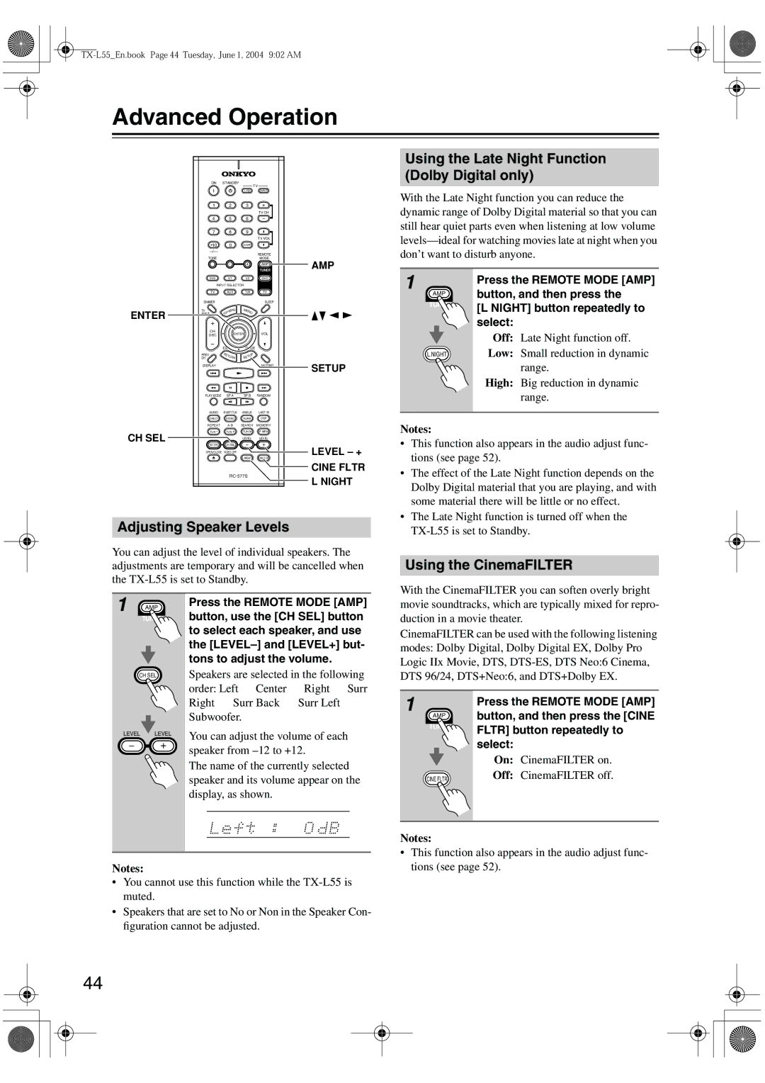 Onkyo TX-L55 Advanced Operation, Using the Late Night Function Dolby Digital only, Adjusting Speaker Levels 