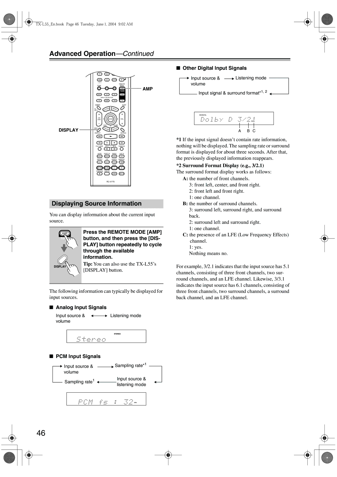 Onkyo TX-L55 Displaying Source Information, Other Digital Input Signals, Surround Format Display e.g., 3/2.1 