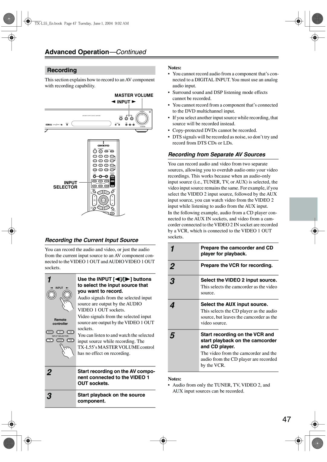 Onkyo TX-L55 instruction manual Recording from Separate AV Sources, Recording the Current Input Source 