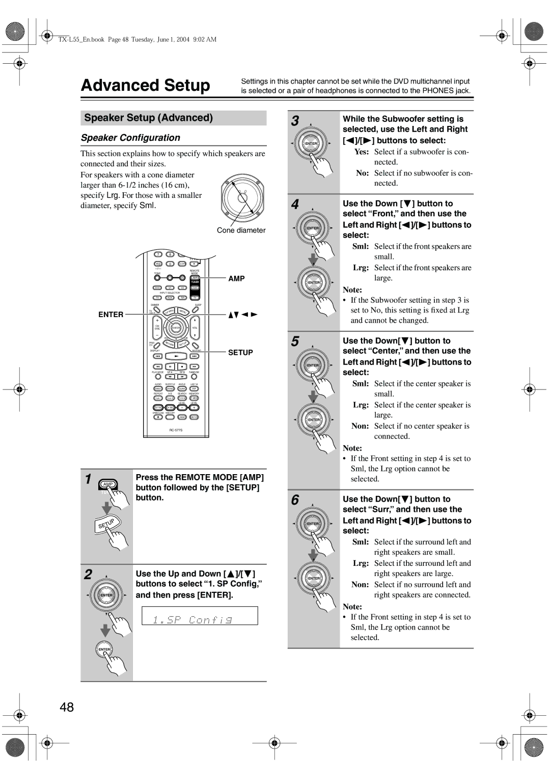 Onkyo TX-L55 instruction manual Advanced Setup, Speaker Setup Advanced 