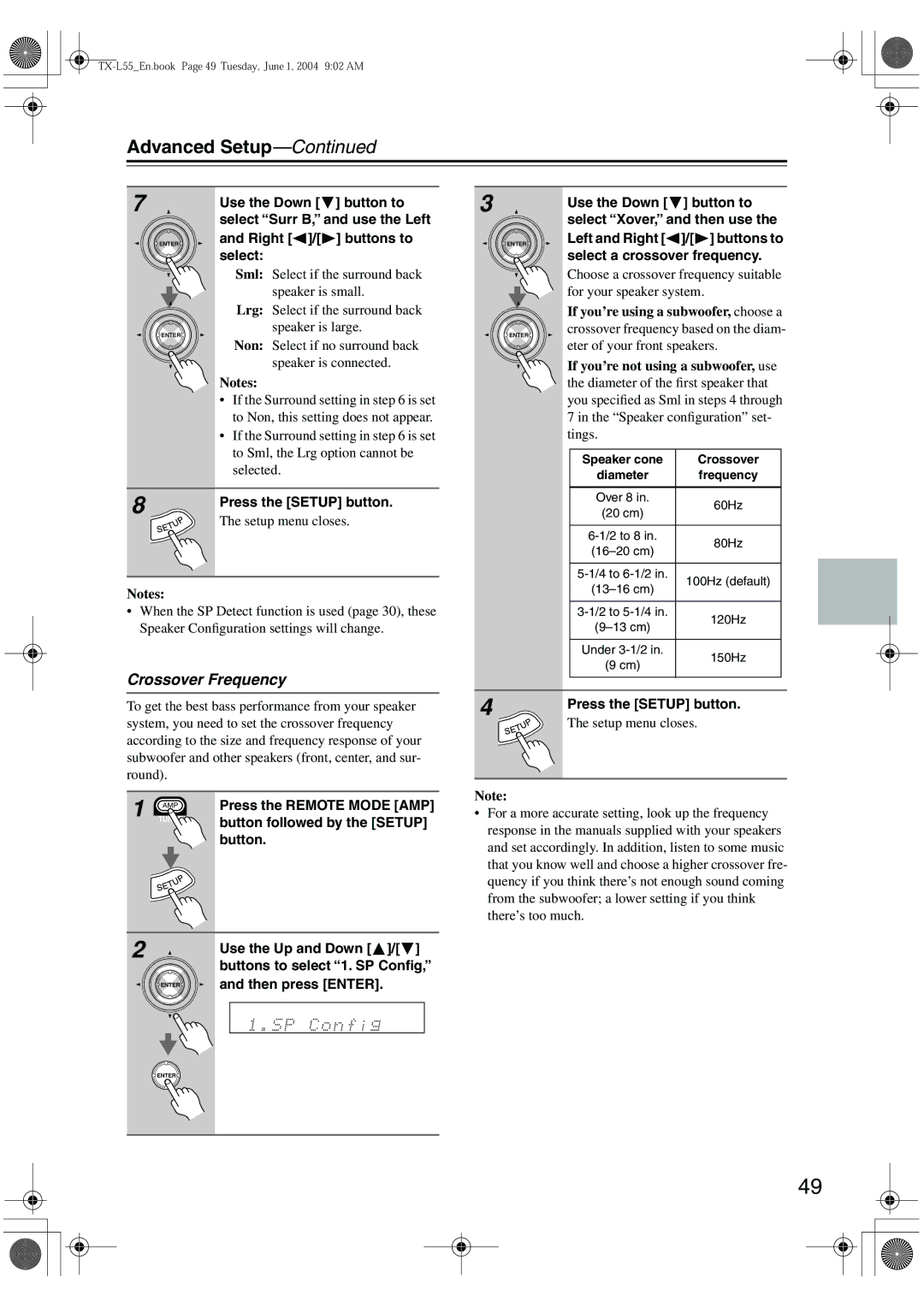 Onkyo TX-L55 instruction manual Advanced Setup, Crossover Frequency 