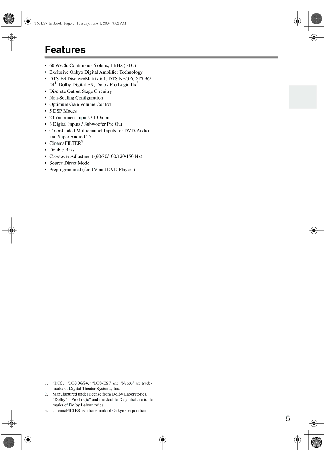 Onkyo TX-L55 instruction manual Features 