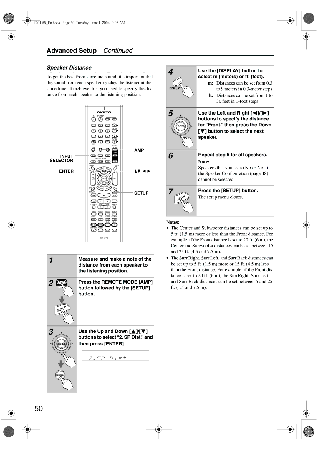 Onkyo TX-L55 instruction manual Speaker Distance 