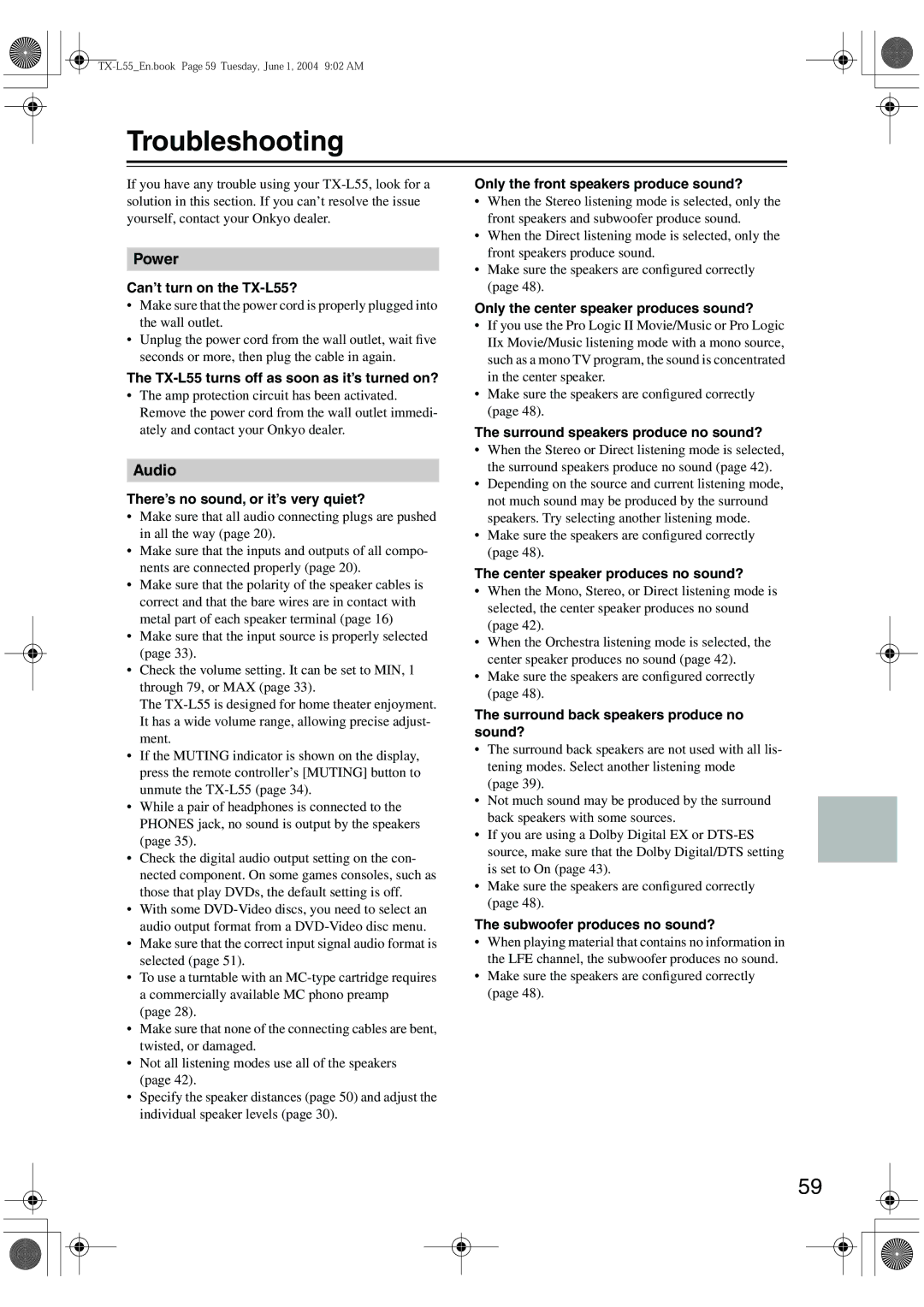 Onkyo TX-L55 instruction manual Troubleshooting 