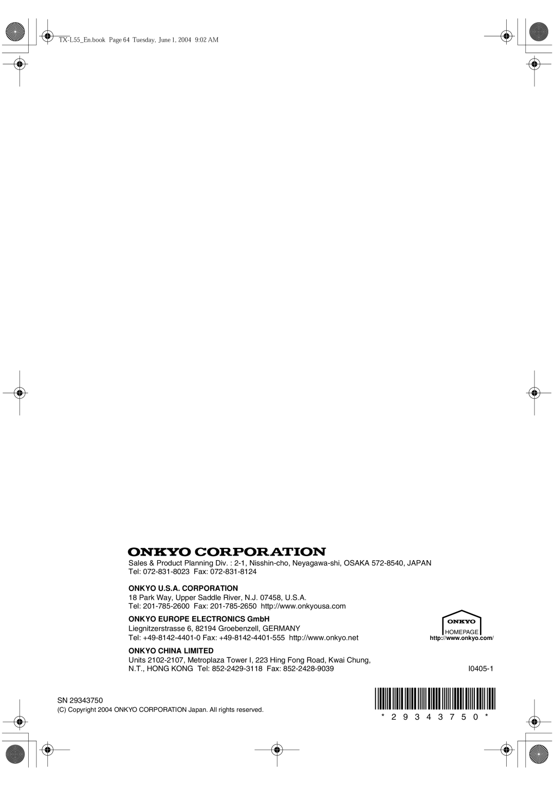 Onkyo TX-L55 instruction manual Onkyo U.S.A. Corporation, Onkyo China Limited 