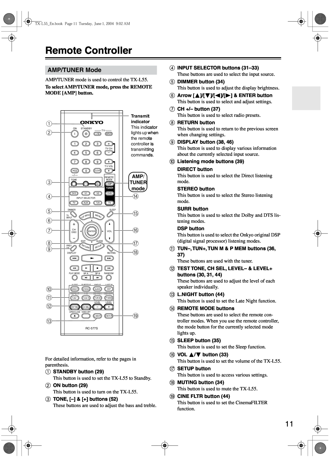 Onkyo TX-L55 instruction manual Remote Controller, AMP/TUNER Mode 
