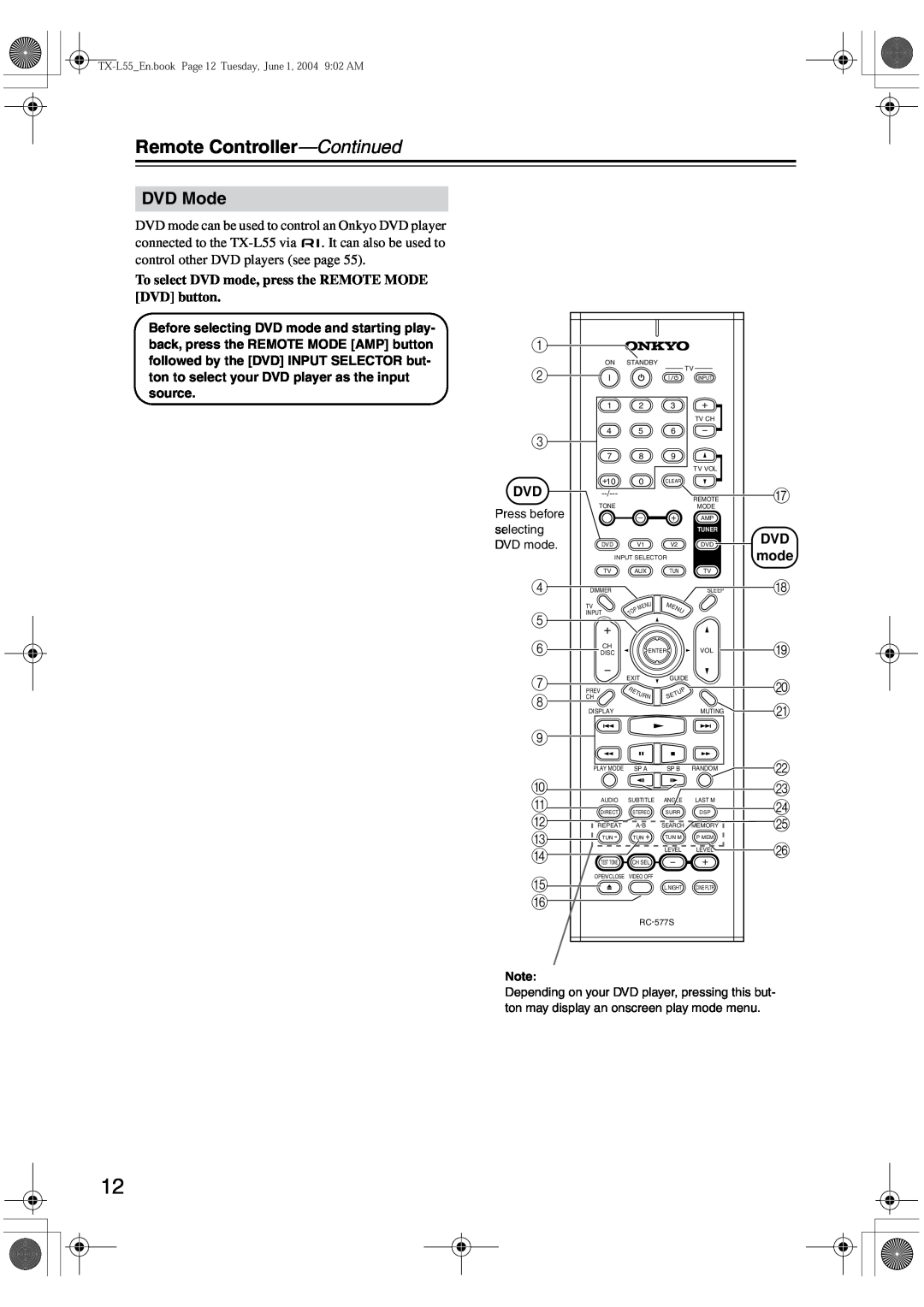 Onkyo TX-L55 instruction manual Remote Controller-Continued, DVD Mode 
