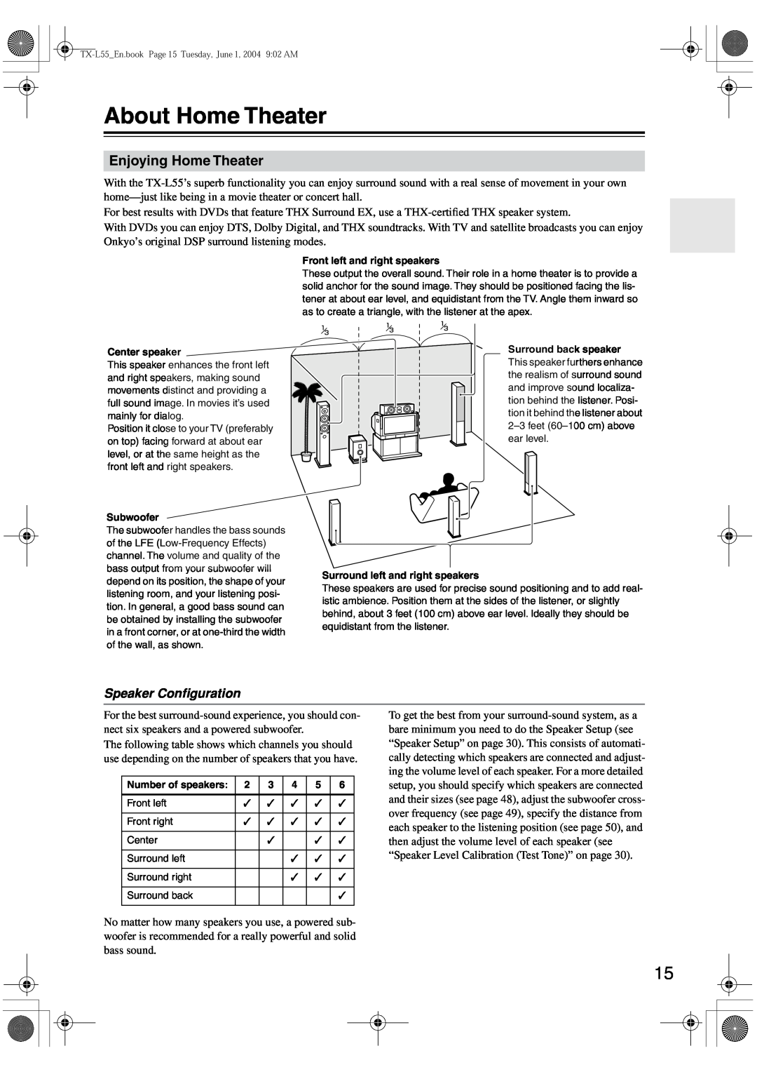 Onkyo TX-L55 instruction manual About Home Theater, Enjoying Home Theater, Speaker Conﬁguration 