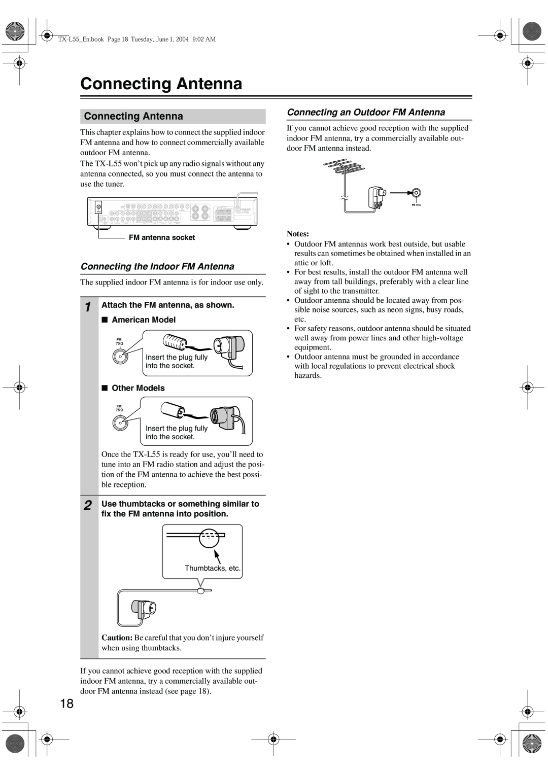 Onkyo TX-L55 instruction manual Connecting Antenna, Connecting an Outdoor FM Antenna, Connecting the Indoor FM Antenna 