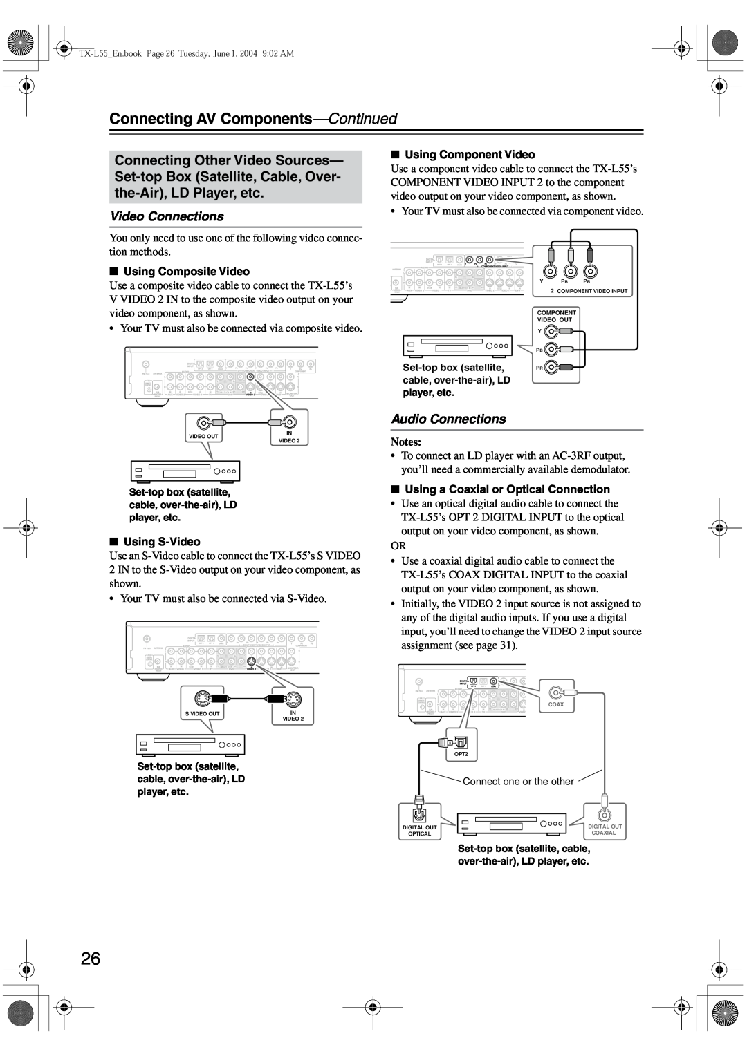 Onkyo TX-L55 instruction manual Connecting AV Components-Continued, Video Connections, Audio Connections 