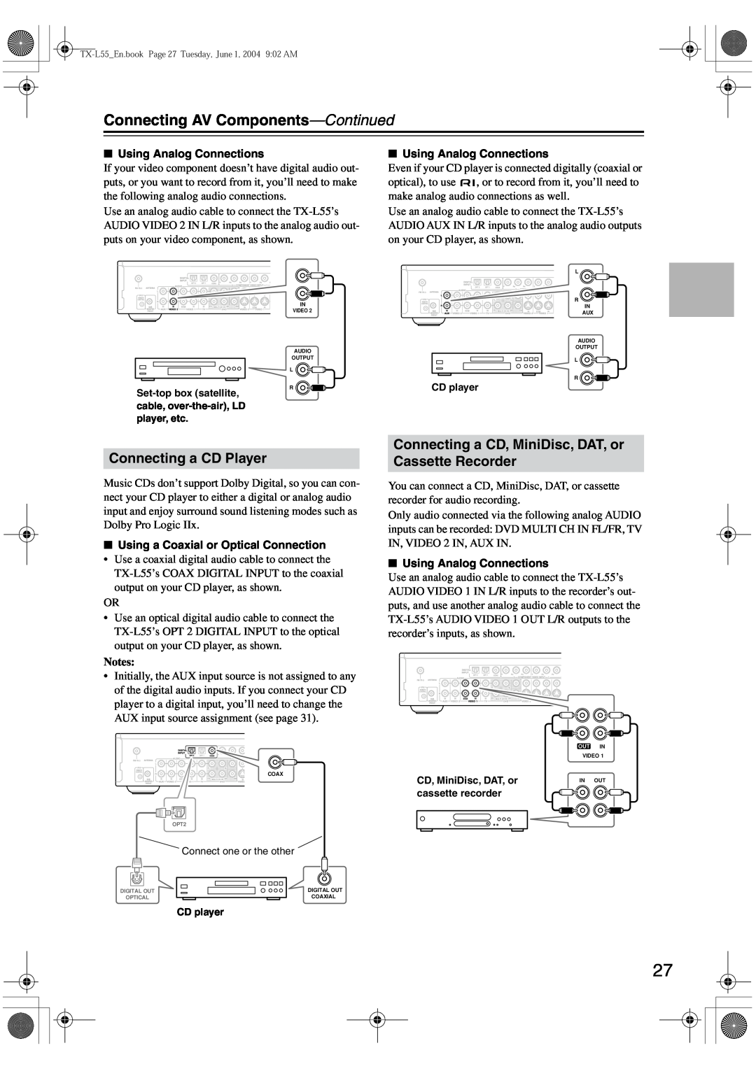 Onkyo TX-L55 instruction manual Connecting AV Components-Continued, Connecting a CD Player 