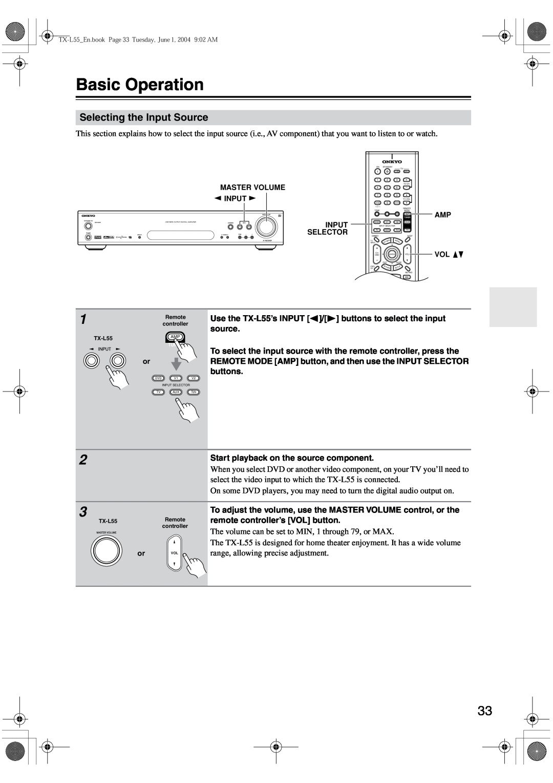 Onkyo TX-L55 instruction manual Basic Operation, Selecting the Input Source 