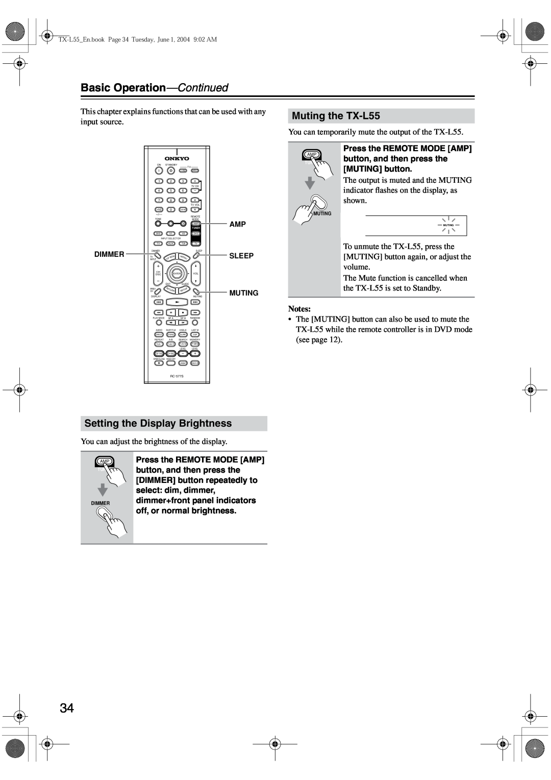 Onkyo instruction manual Basic Operation-Continued, Muting the TX-L55, Setting the Display Brightness 