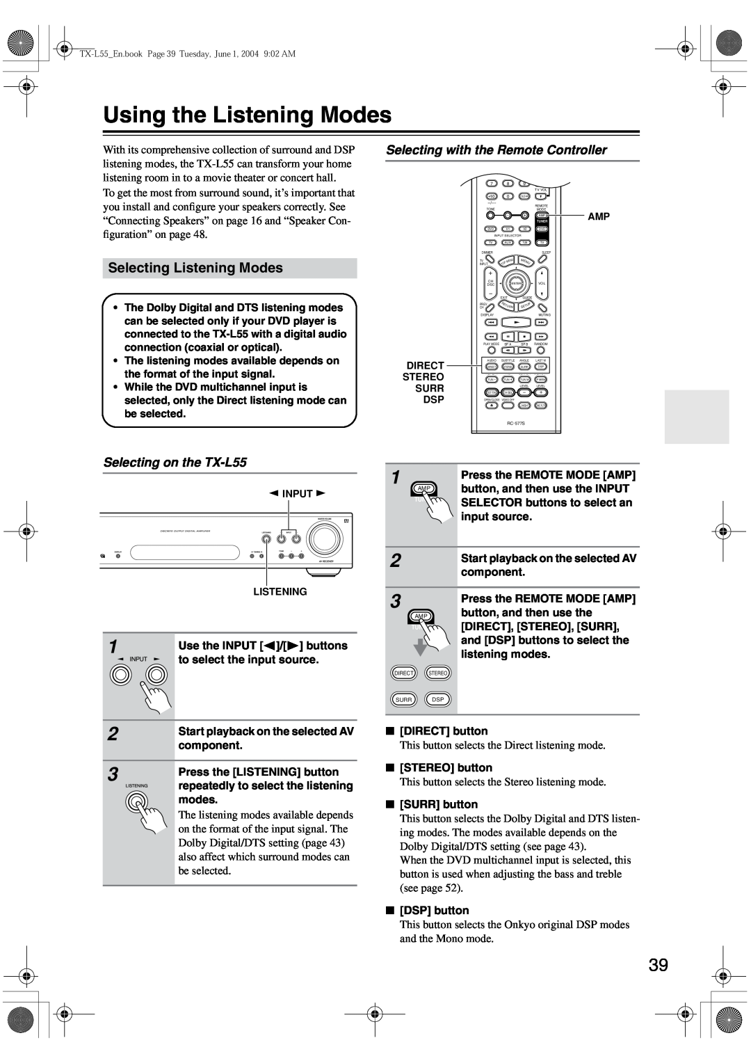 Onkyo TX-L55 instruction manual Using the Listening Modes, Selecting Listening Modes, Selecting with the Remote Controller 