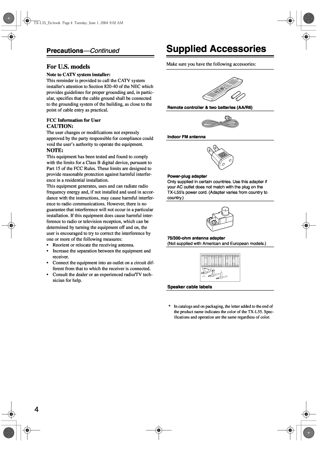 Onkyo TX-L55 instruction manual Supplied Accessories, Precautions-Continued, For U.S. models, Note to CATV system installer 