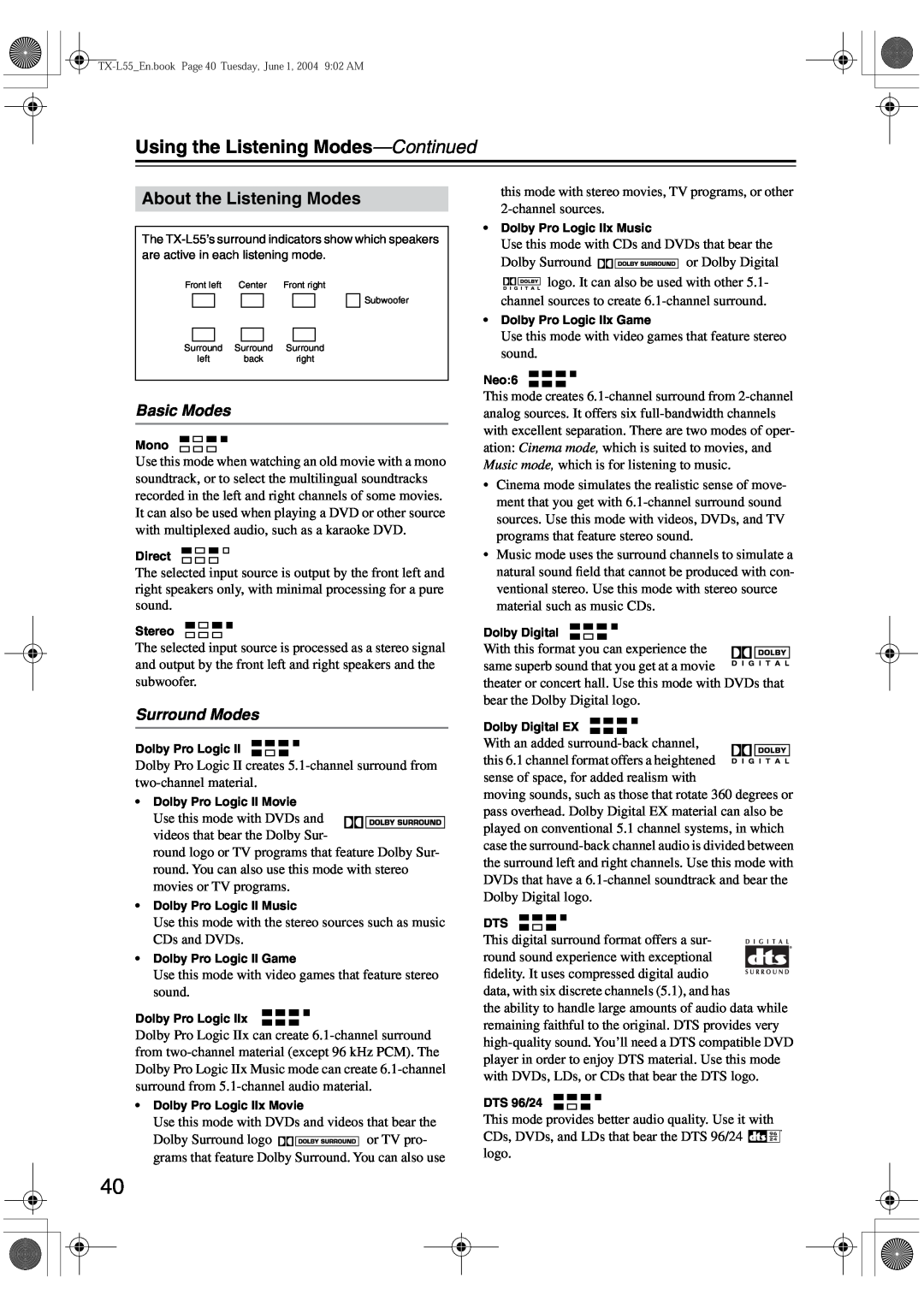 Onkyo TX-L55 instruction manual Using the Listening Modes-Continued, About the Listening Modes, Basic Modes, Surround Modes 