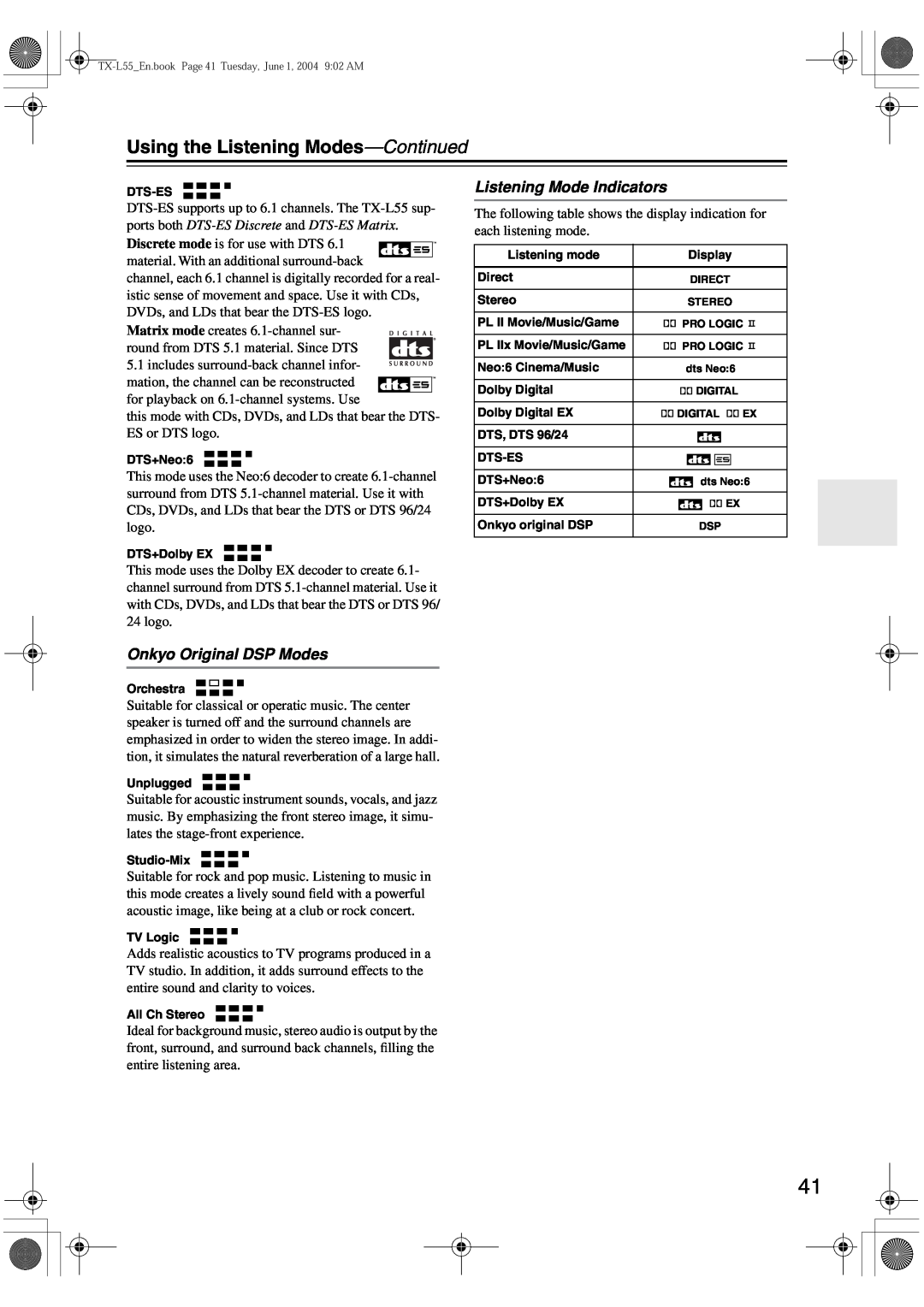 Onkyo TX-L55 instruction manual Using the Listening Modes-Continued, Onkyo Original DSP Modes, Listening Mode Indicators 