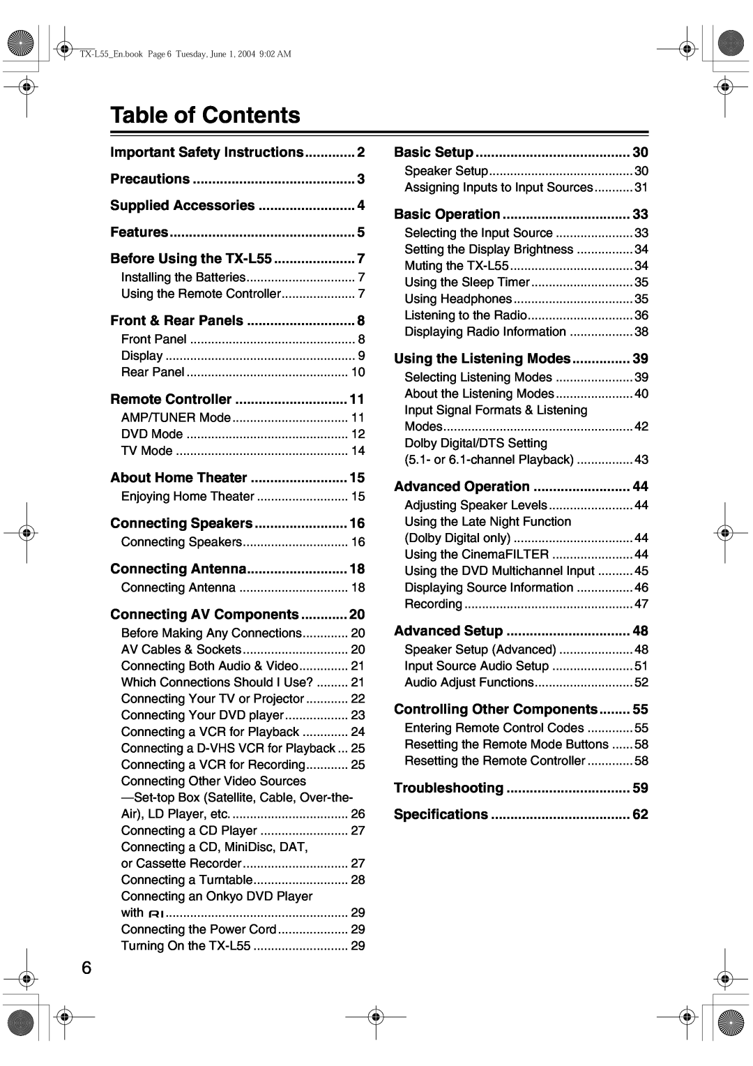 Onkyo TX-L55 instruction manual Table of Contents 
