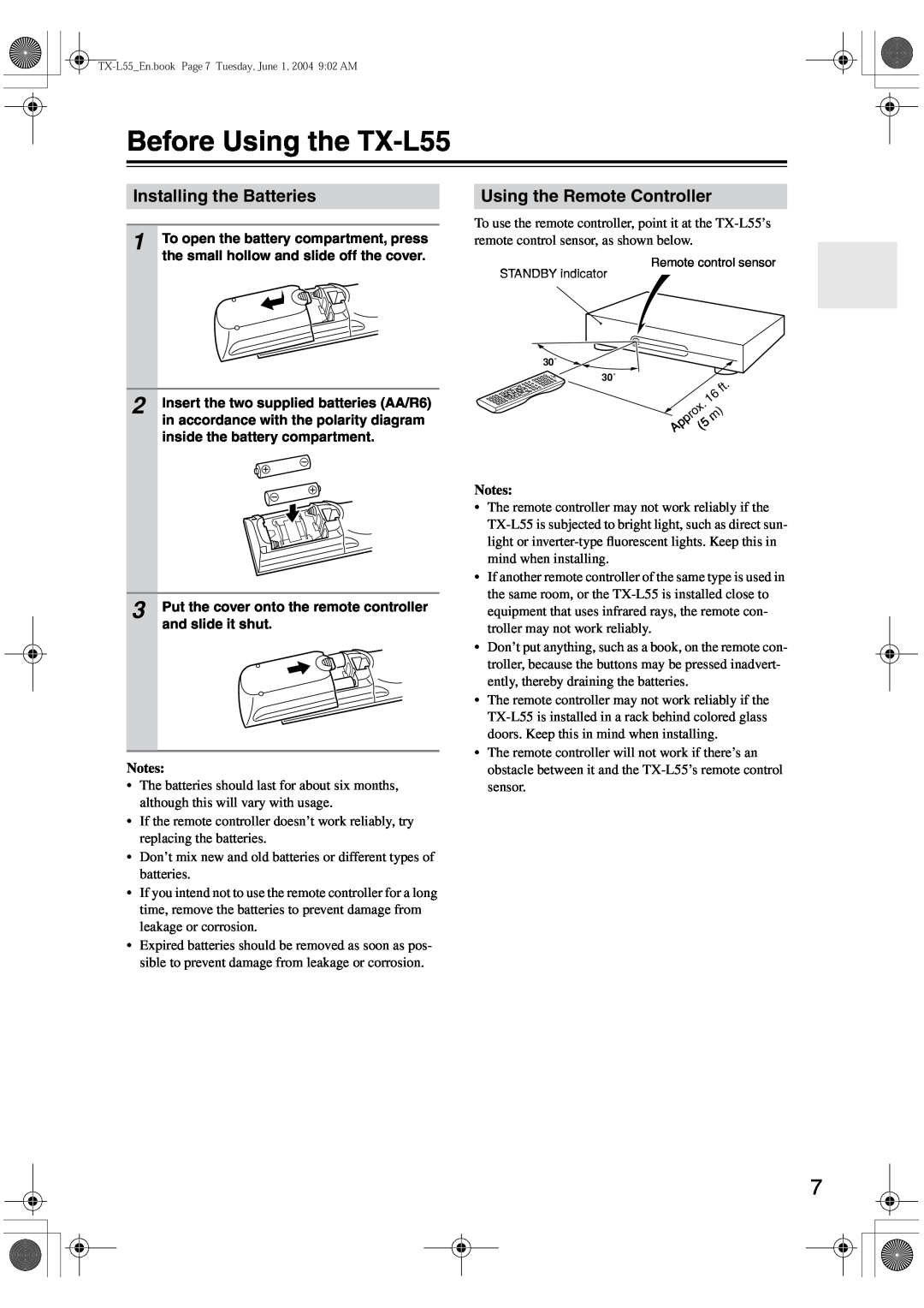 Onkyo instruction manual Before Using the TX-L55, Installing the Batteries, Using the Remote Controller 