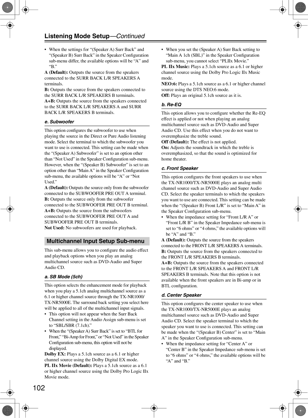 Onkyo TX-NR1000 instruction manual 102, Multichannel Input Setup Sub-menu, SB Mode 5ch, Re-EQ, Be a and B 