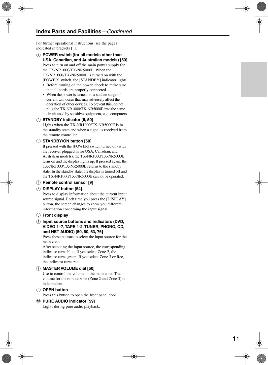 Onkyo TX-NR1000 instruction manual Index Parts and Facilities 