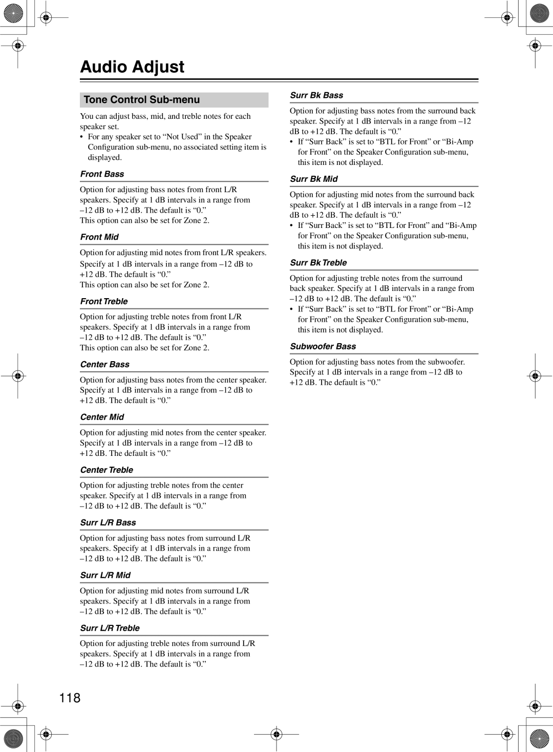 Onkyo TX-NR1000 instruction manual Audio Adjust, 118, Tone Control Sub-menu 