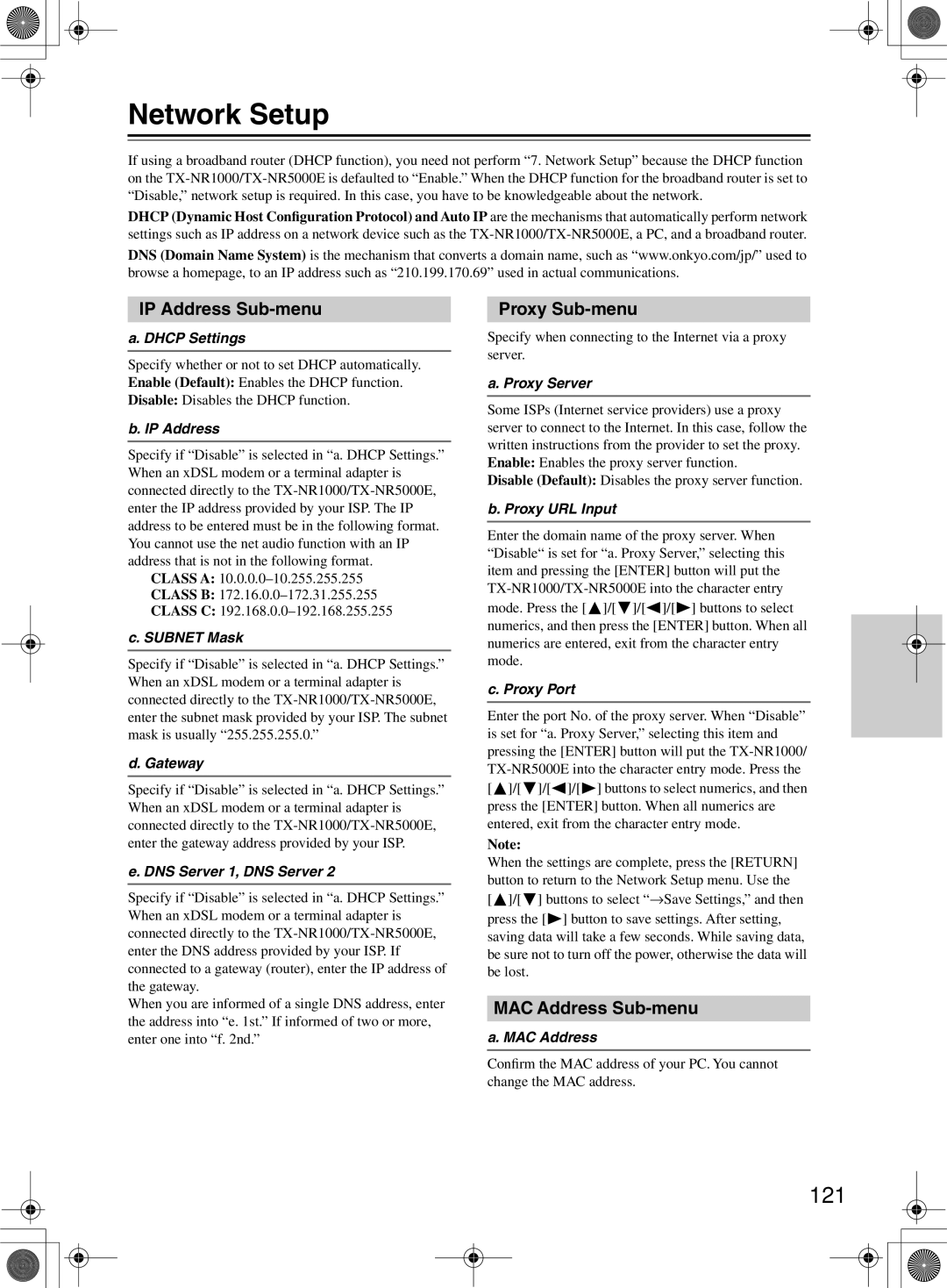 Onkyo TX-NR1000 instruction manual Network Setup, 121, IP Address Sub-menu, Proxy Sub-menu, MAC Address Sub-menu 