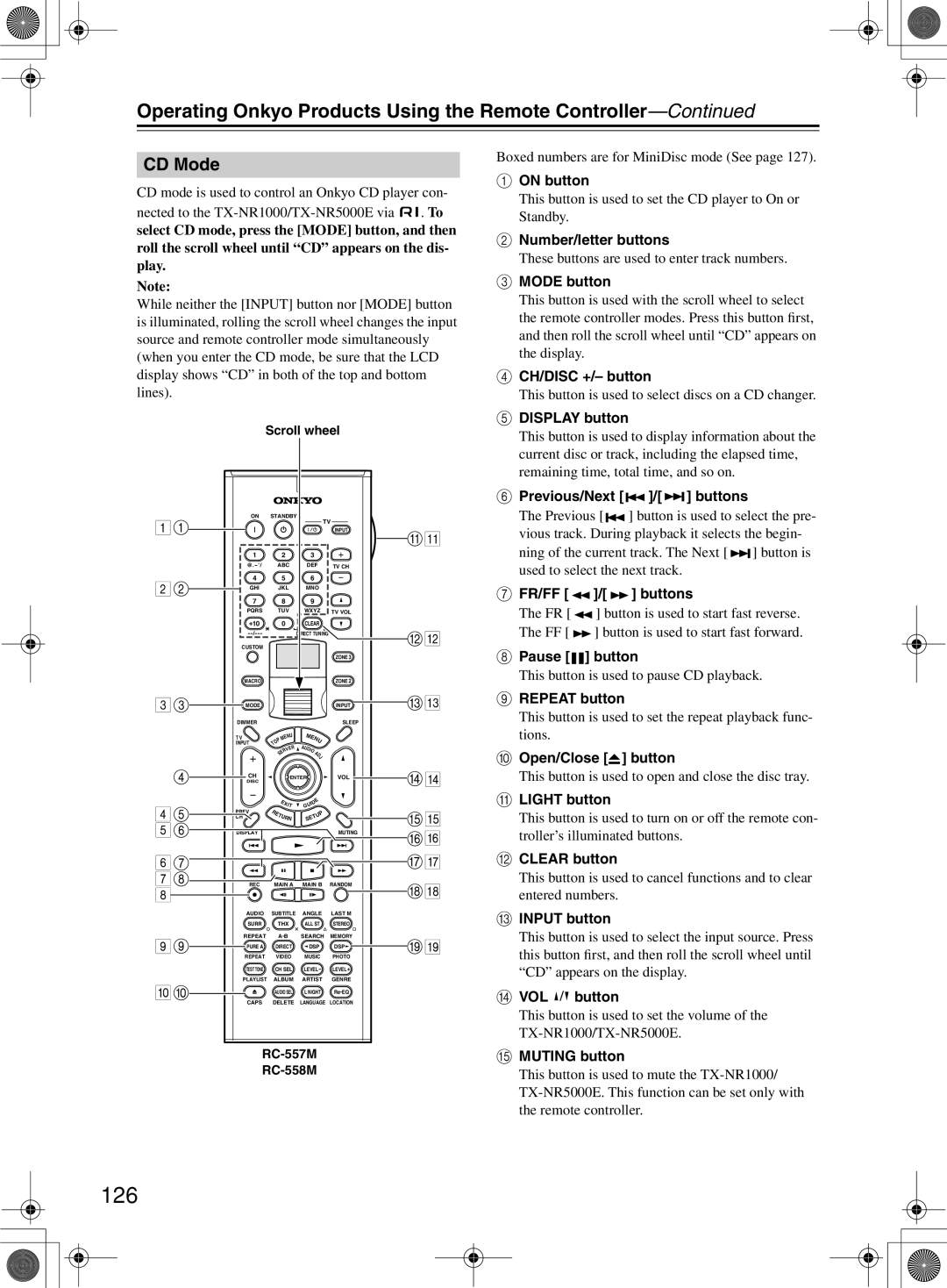 Onkyo TX-NR1000 instruction manual 126, CD Mode, Previous/Next / buttons, FR/FF Buttons 