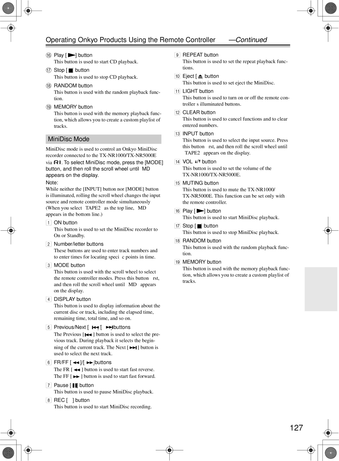 Onkyo TX-NR1000 instruction manual 127, MiniDisc Mode, Display button Repeat button, Eject button, REC button 